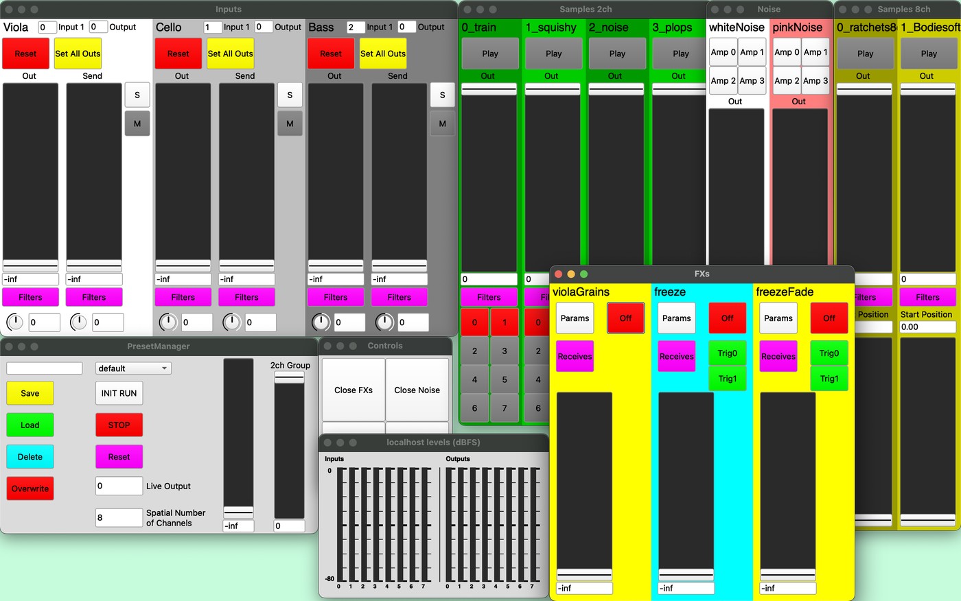 Colour-coded SuperCollider interface with input channel strips, sample banks, effects, and a preset manager
